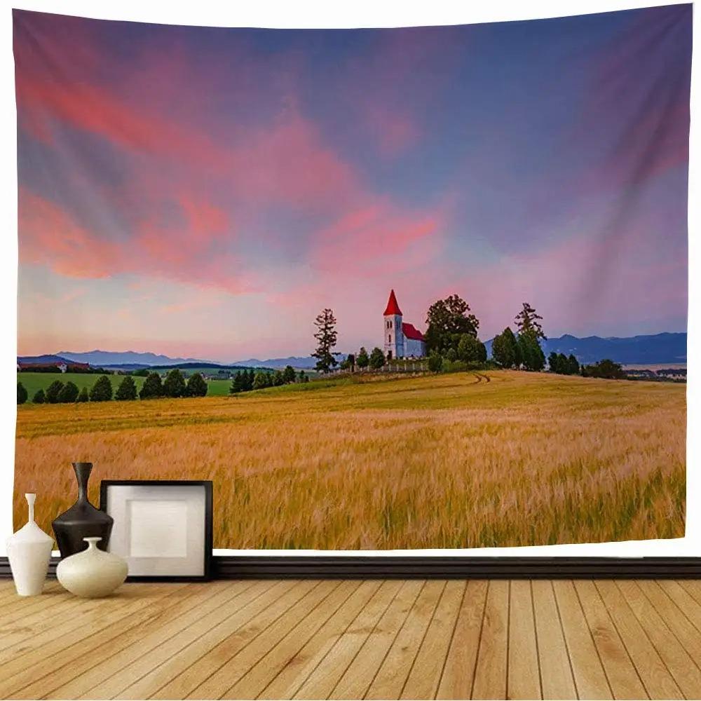 Bauernhof Weizenfeld Sonnenuntergang Hintergrundtuch Büro Wohnzimmer Wandteppich Heim Wanddekoration Wandteppich
