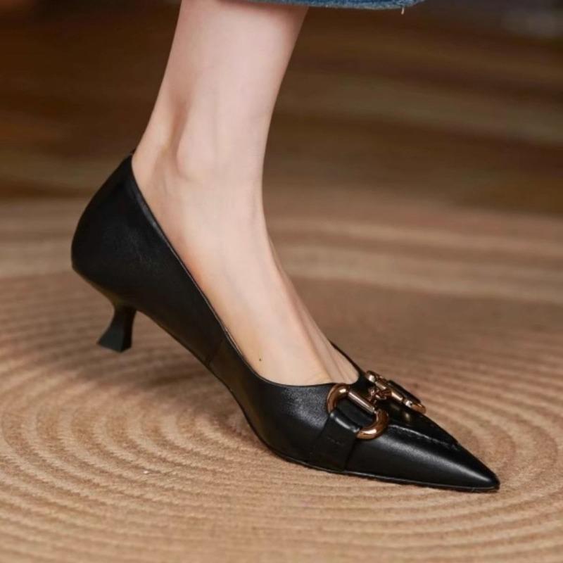 Soft sheepskin black temperament high heels women's thin heels new pointed versatile low heels work women's shoes single shoes
