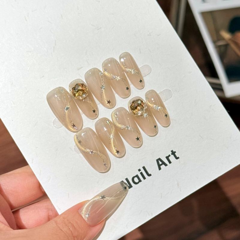 10Pcs Nude Press On Nails - Star Glitter & Gold Diamond Almond Fake Nails XS