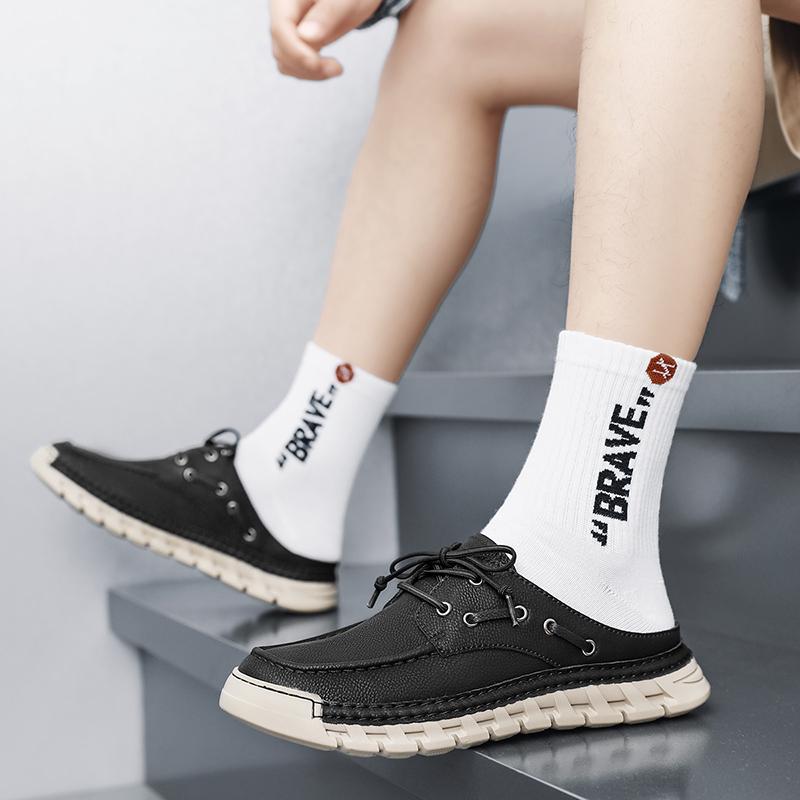 Men's Summer New Large Size Slip-On Driving Shoes Outdoor Genuine Leather Breathable Rubber Sole Square Toe Bean Bean Shoes