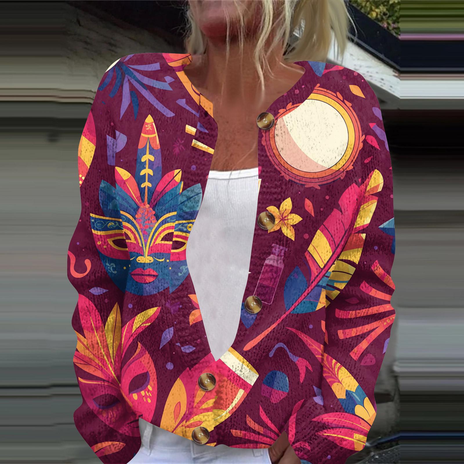 

Women s Fashion Printed Long Sleeve Knitted Cardigan Button Down Jacket L