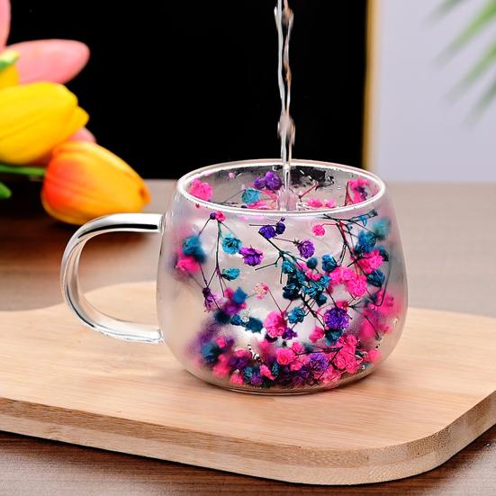 Pahar cu Perete Dublu din Sticlă Borosilicată Căni Izolate 4 Căni de Cafea Înalte Set cu Petală Colorată
