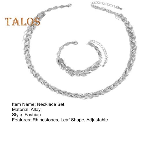 2Pcs/Set Women Jewelry Set Leaves Shape Rhinestone Inlaid Adjustable Length Necklace Bracelet Set Party Wedding Decor