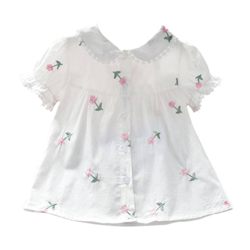 2025 New Summer Girls' Korean Style Embroidered Short Sleeve White Shirt