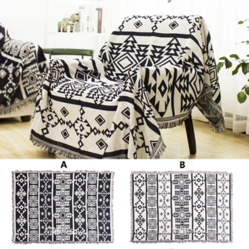 Retro Rutig Vinter Bomull Linne Vävda Linjer Filt Soffhandduk Stickad Förtjockad Värmedyna Mat Bohemisk Boho Pläd Rese Sängöverkast