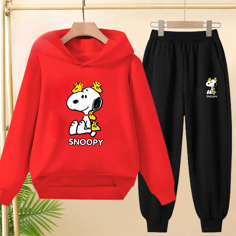 Children Snoopy Print Black Hoodie Pullover Boys Girls Coat Sweatshirt+Pants Toddler Clothes Autumn Winter Leisure Set