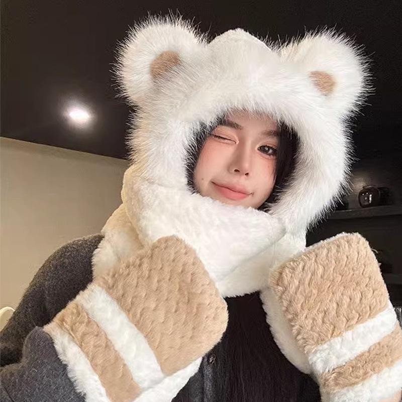 2024 Women's Red Angora Bear Hat with Thick Winter Scarf & Gloves