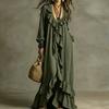 Women Casual Long Sleeve Dress V Neck Ruffle Trim Maxi Dress Retro Style Loose Fit Bohemian Dress