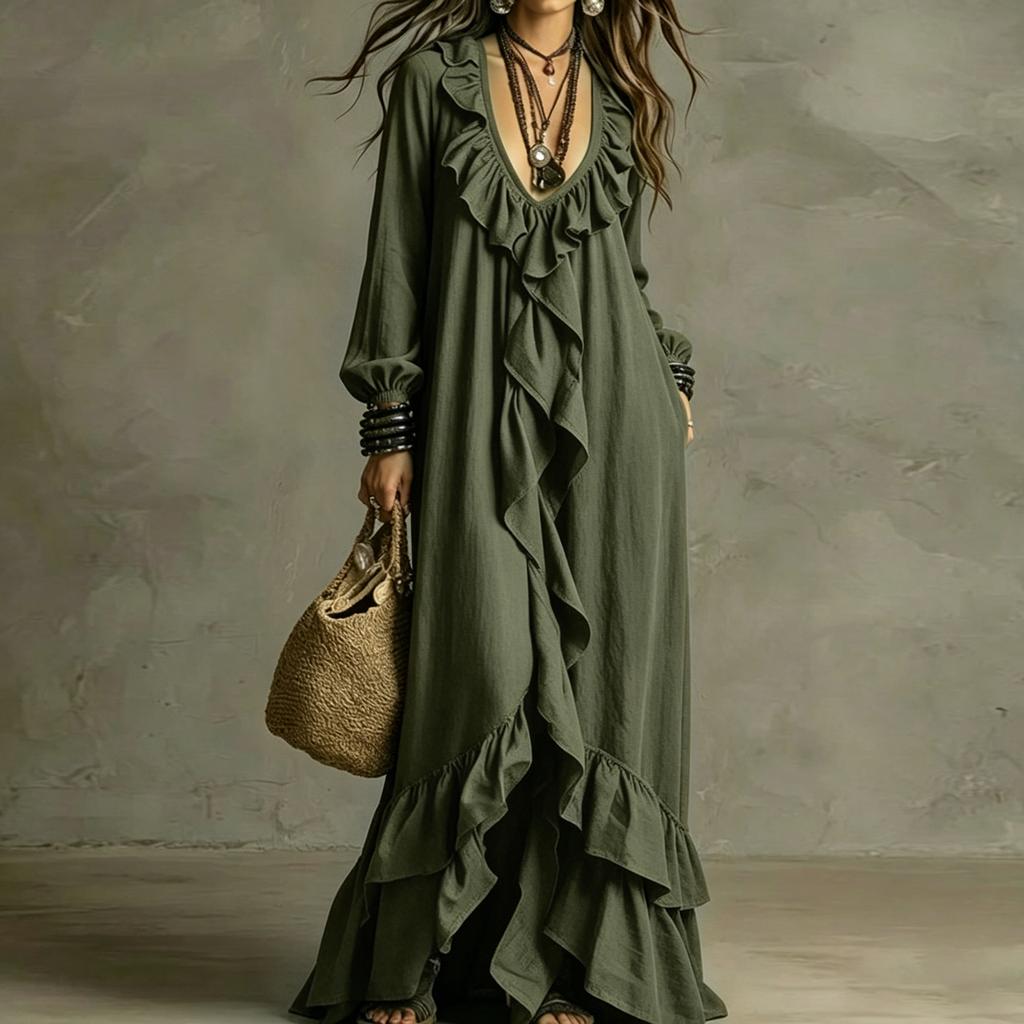 Women Casual Long Sleeve Dress V Neck Ruffle Trim Maxi Dress Retro Style Loose Fit Bohemian Dress