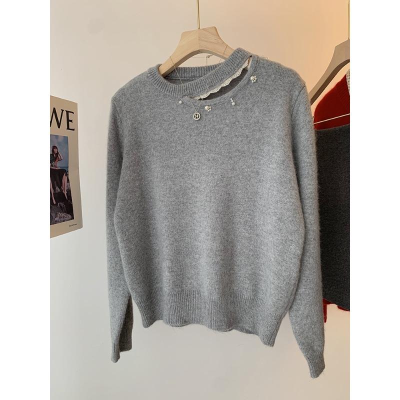 

Keep your own high-grade gray temperament sweater, autumn and winter new neckline hollow pearl knitted sweater for women one size fits all сірий колір