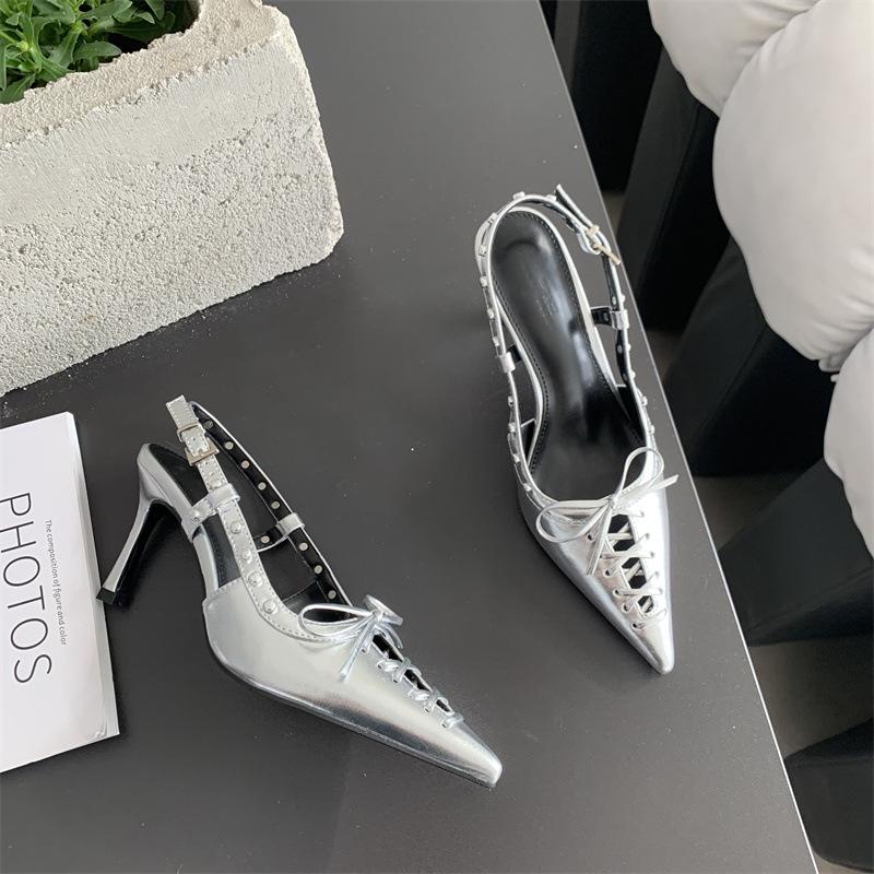 Spring and summer cross strap bow pointed head thin heel middle heel bag head sandals high heel single shoes rivet shoes