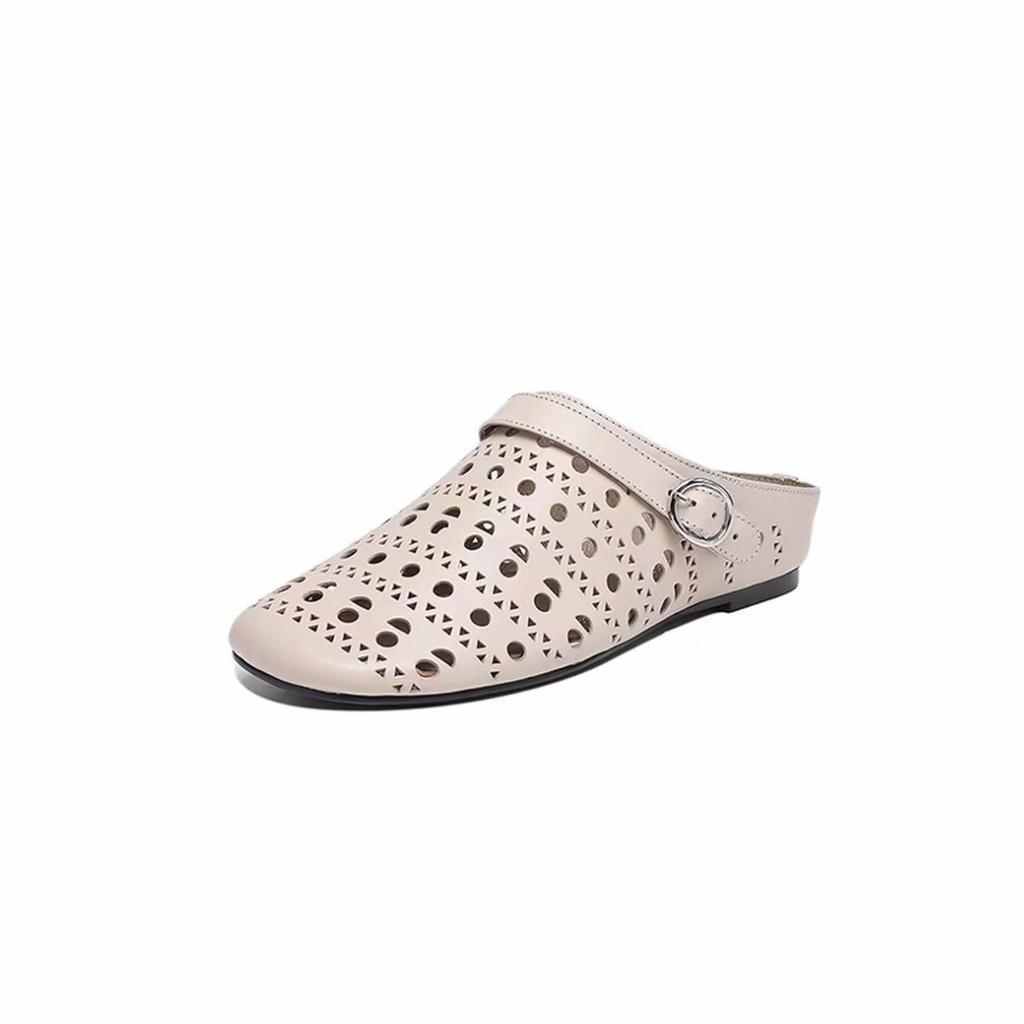 2025 neue hohle weiche Leder coole Hausschuhe Damen flache Sohle Innenhöhe erhöht halber Pantoffel ein Schuh zwei Tragevarianten Leder-Pantoffel Lochsandalen