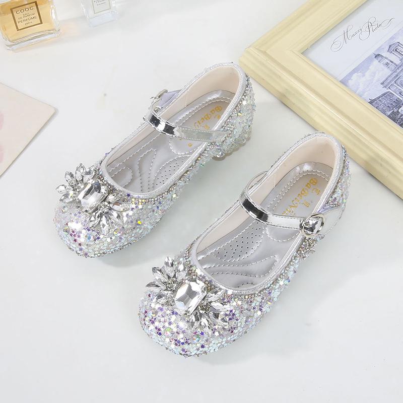 2024 New Autumn Crystal Princess Sequin High-Heel Leather Shoes for Girls