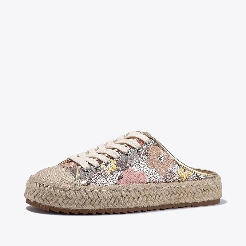 Fashionable Sequined Toe Half-slipper Women's 2025 Summer New Thick-soled Straw Woven Hemp Rope Fisherman's Shoes