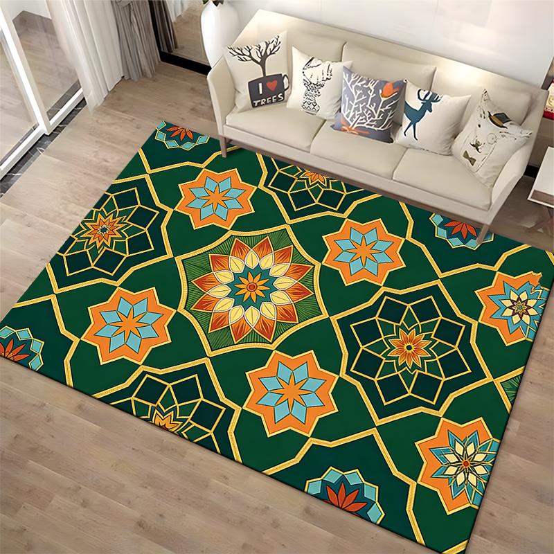 Geometric Pattern Carpet with Vibrant Floral Design In Green and Gold Suitable for Use As an Anti-slip for Living Room Bedroom Sofas