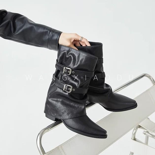 Light Punk Style Pleated Pile Boots Women'S Autumn Pointed Thick Heel Belt Buckle Medium Tube Knight Boots Women