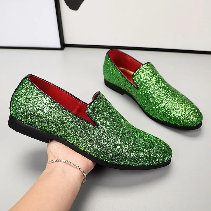 Men Loafer Dress Shoes Diamond Pointed Toe Shoes Gold Luxury Brand Men Paillette Fashion Mens Leather Shoes Zapatos Hombre