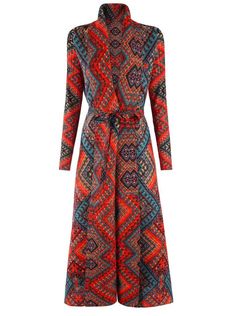 Pleated Printed Long Trench Coat for Women - 2025 Spring Lapel Loose Fit Plus Size Long Sleeve Robe