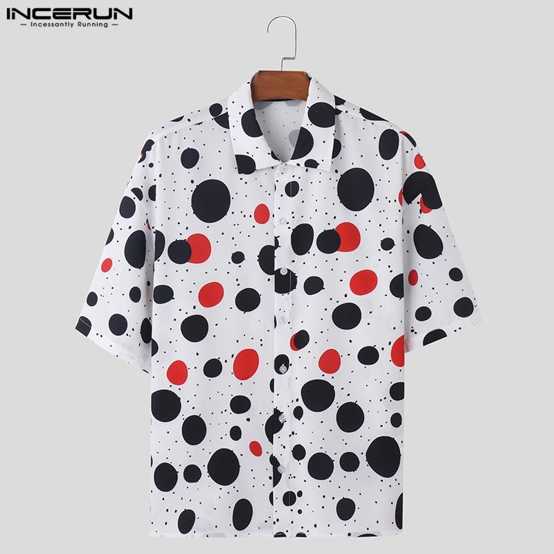 INCERUN Men Summer Lapel Neck Polka Dots Tops Casual Buttons Print Half Sleeve Shirt