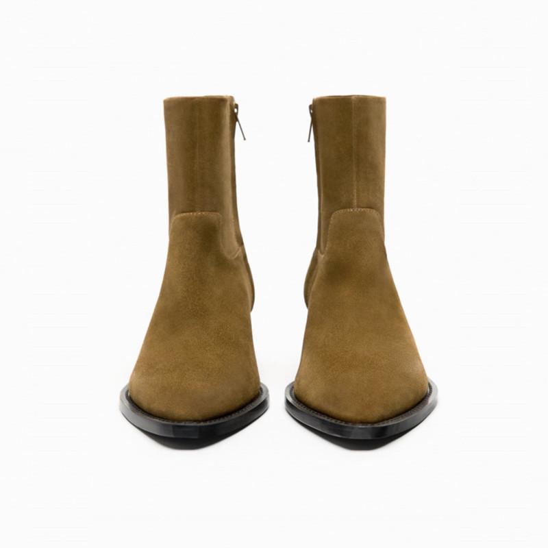 ZA2025 Women's Retro Cowhide Suede Chunky Heel Slip-On Ankle Boots with Round Toe & Wide Shaft