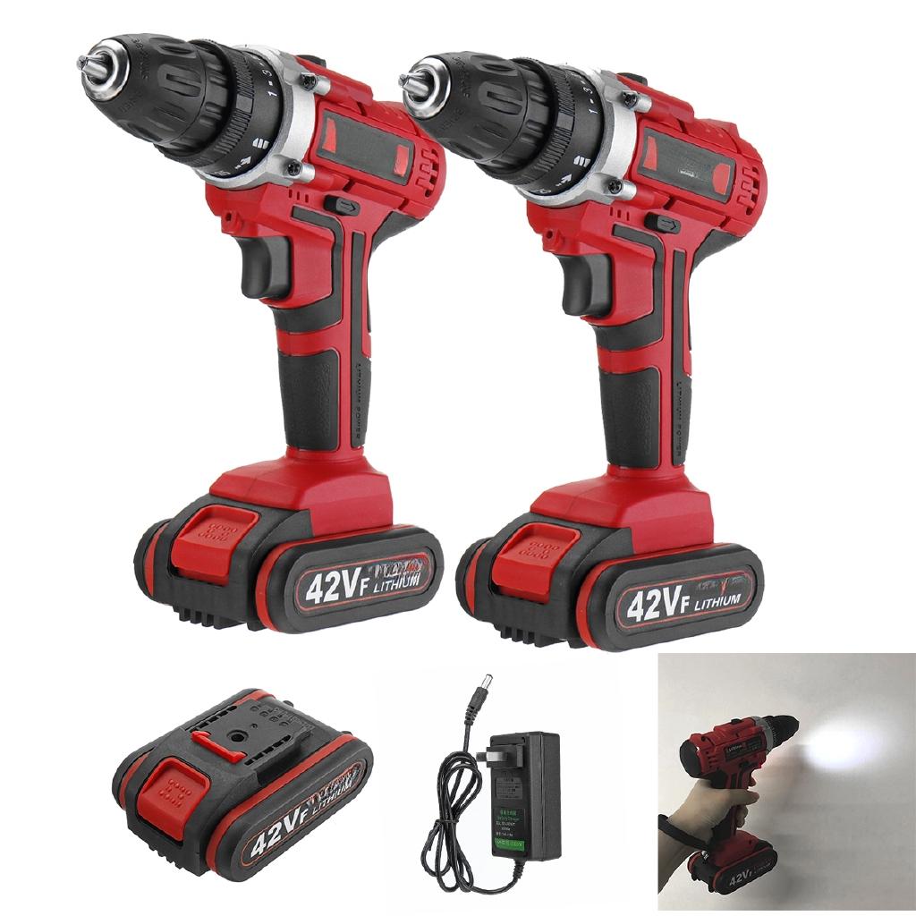 Electric Cordless Drill Screwdriver 25+1 Torque LED Work Light w/ 2 Battery 42V