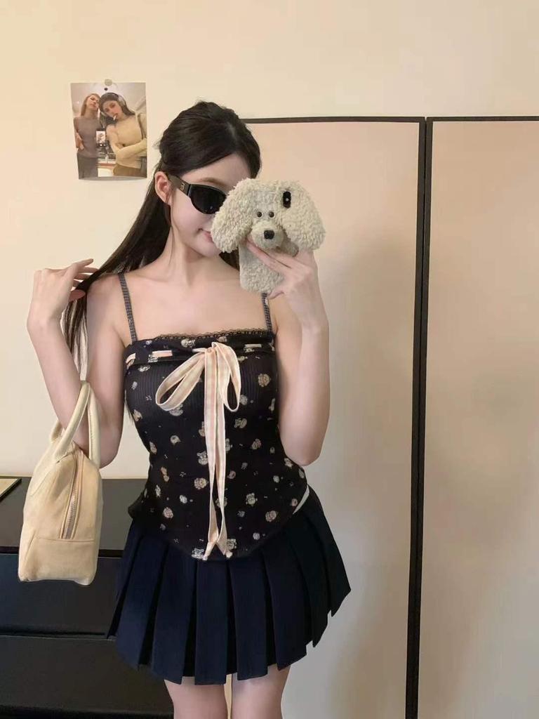 2026 Spring/Summer Slimming Bow Tie Camisole Vest with Padded Bust and Fun Print for Women