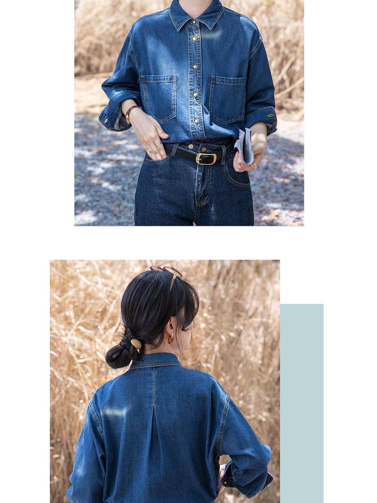 Petite Retro Dunkelblaues Denim-Langarmhemd zum Lagenlook - Herbst- & Winter-Pendlerstil