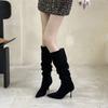 2025 autumn and winter new big tube heap boots pointed boots women's thin heel high boots high heel thick leg knee boots