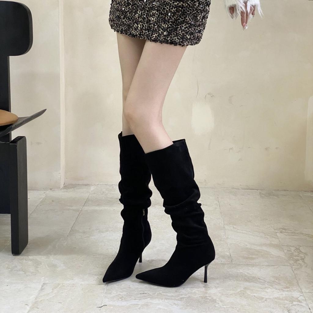 2025 autumn and winter new big tube heap boots pointed boots women's thin heel high boots high heel thick leg knee boots