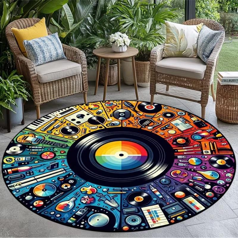 Vintage Vinyl Record Music Lover Print Round Area Rug Colorful Retro Music Instrument Themed Non-Slip Floor Carpet
