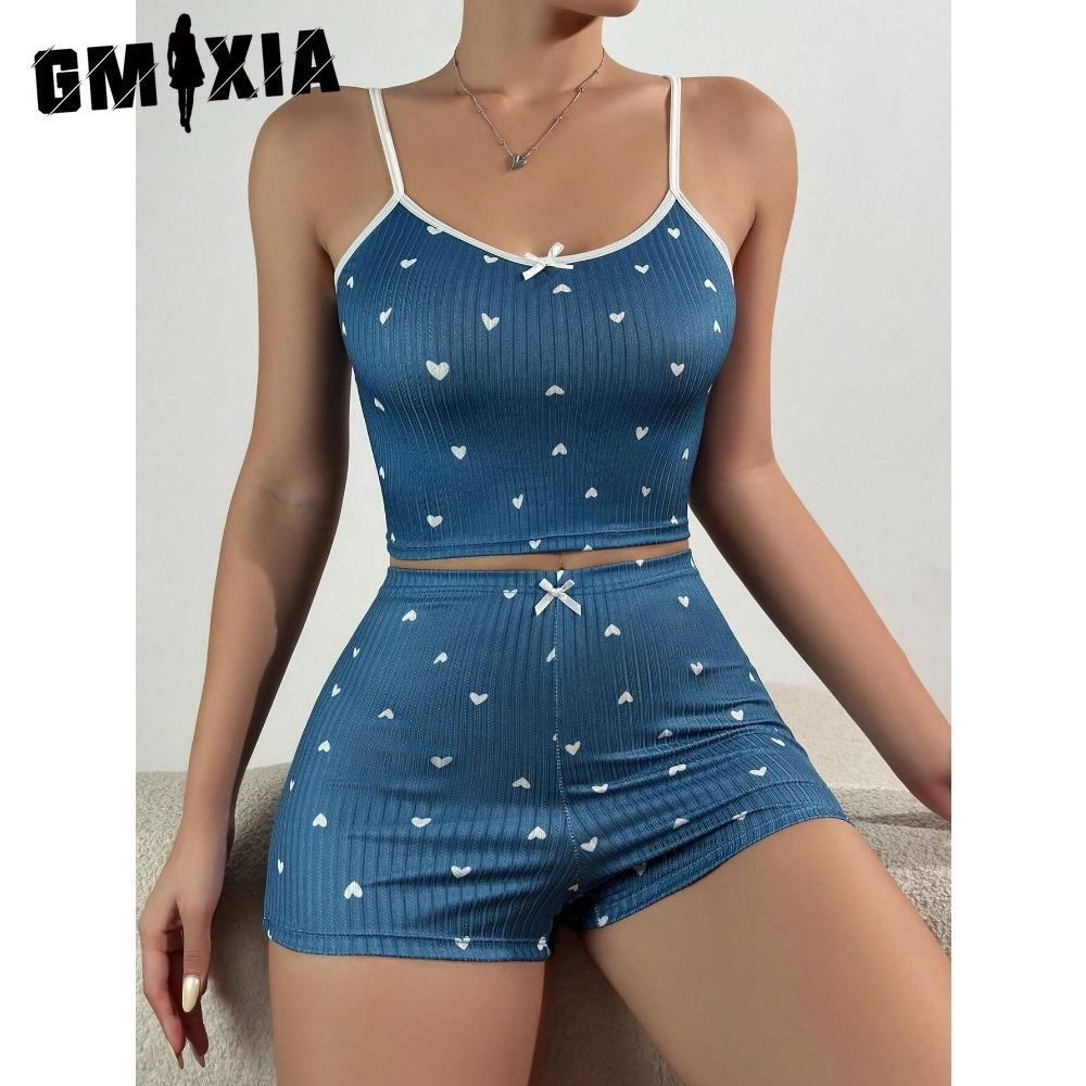 GMXIA Summer Homewear Heart-shaped Printing Bow Halter Home Leisure Suit Pajamas