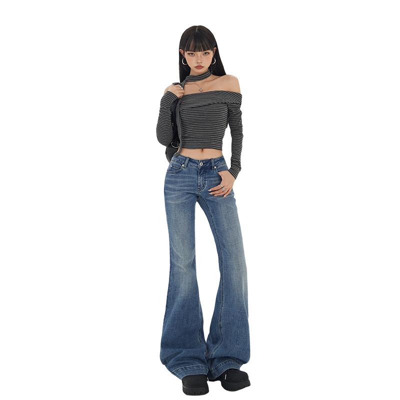 Washed cat whisker low-rise slightly pulled jeans women's early autumn new slim-fitting and thin versatile horseshoe flared pants