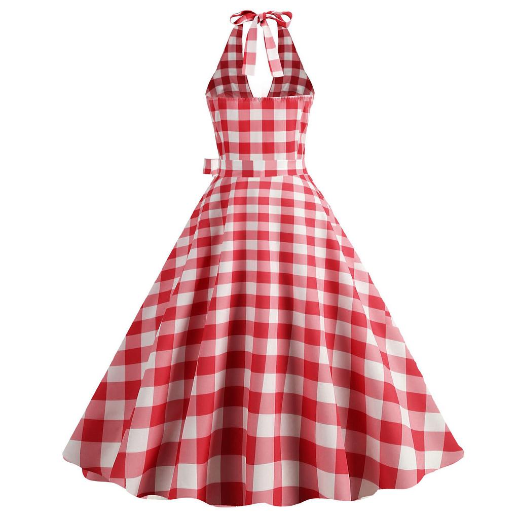 Women's Retro - Dress With Patchwork Plaid Hem And Large Skirt