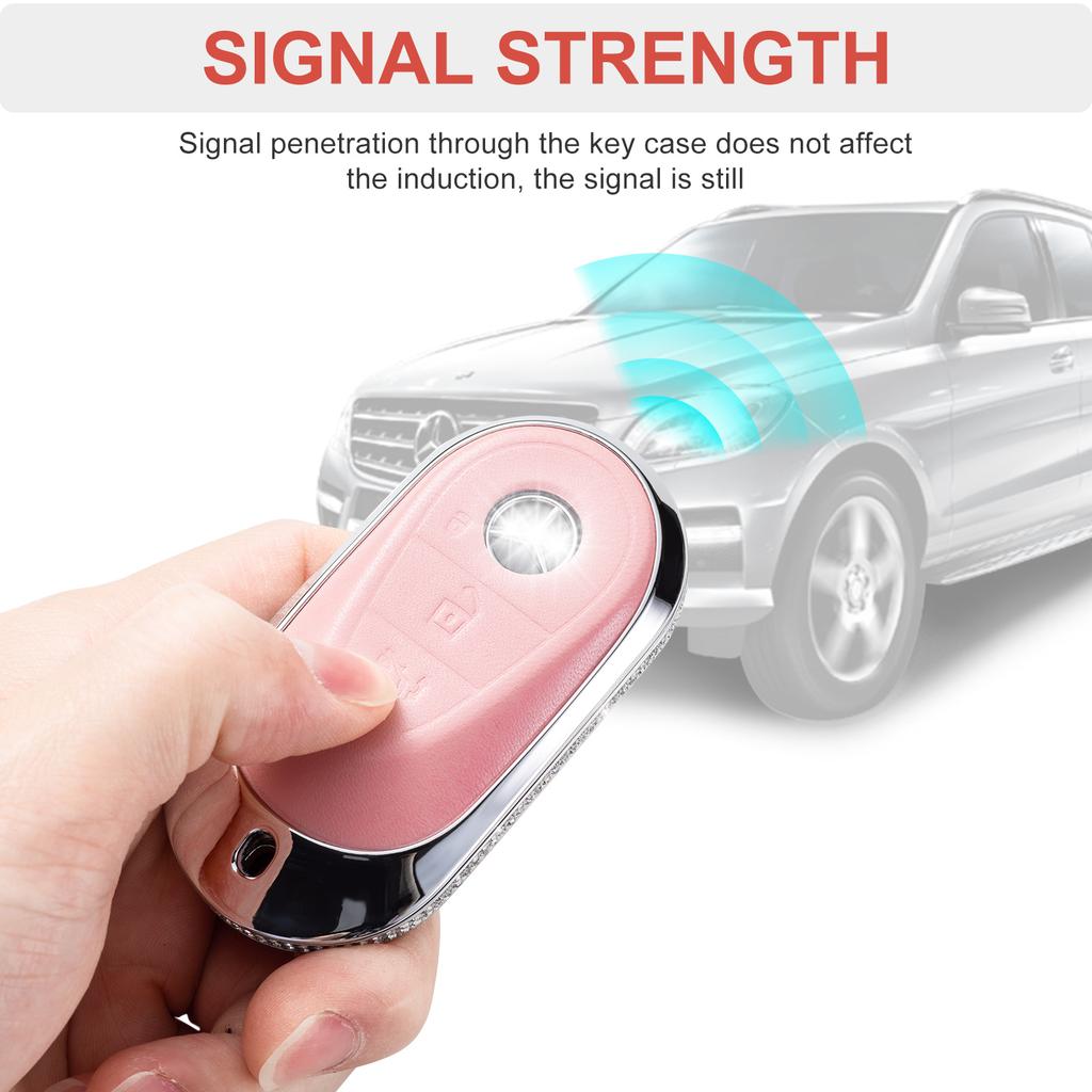 Compatible with Mercedes Benz Key Fob Cover with Keychain, Pink Genuine Leather Crystal Key Case Protection Shell Fit for 2020