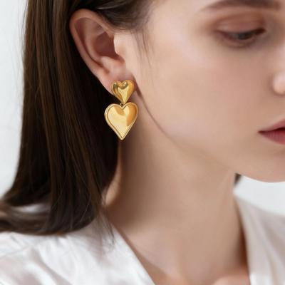 18k Gold Plated Heart Pendant Earrings - Stainless Steel, European and American Style, Simple Light Luxury Design.