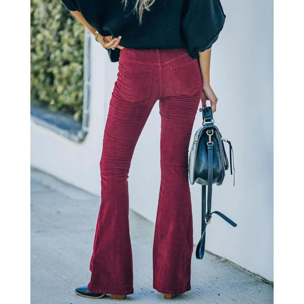 Women's High Rise Elastic Waist Corduroy Slim Fit Flare Pants Solid Color Commuter Casual Long Trousers