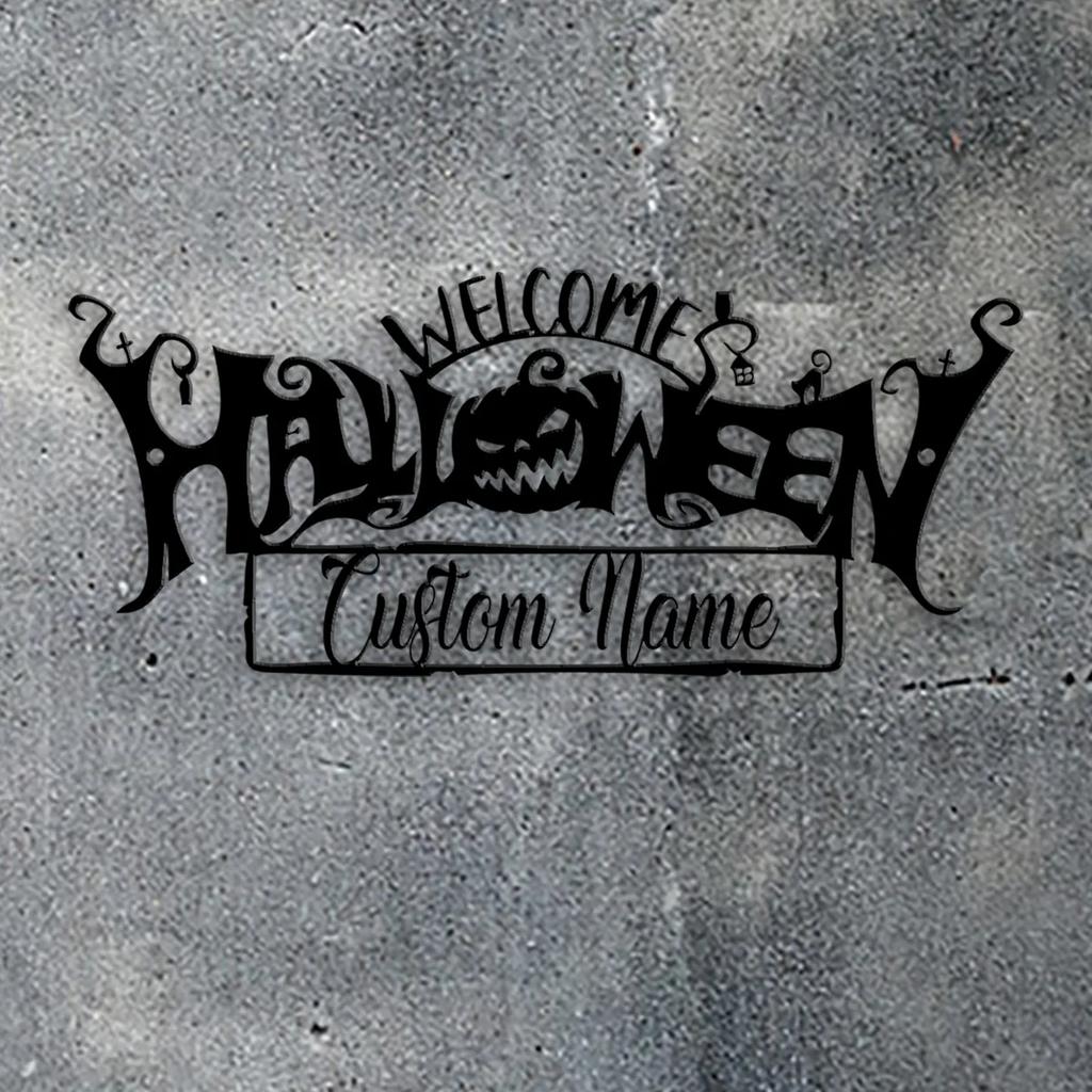 Metal Halloween Sign Custom Name Plate Door Wall Decor Black