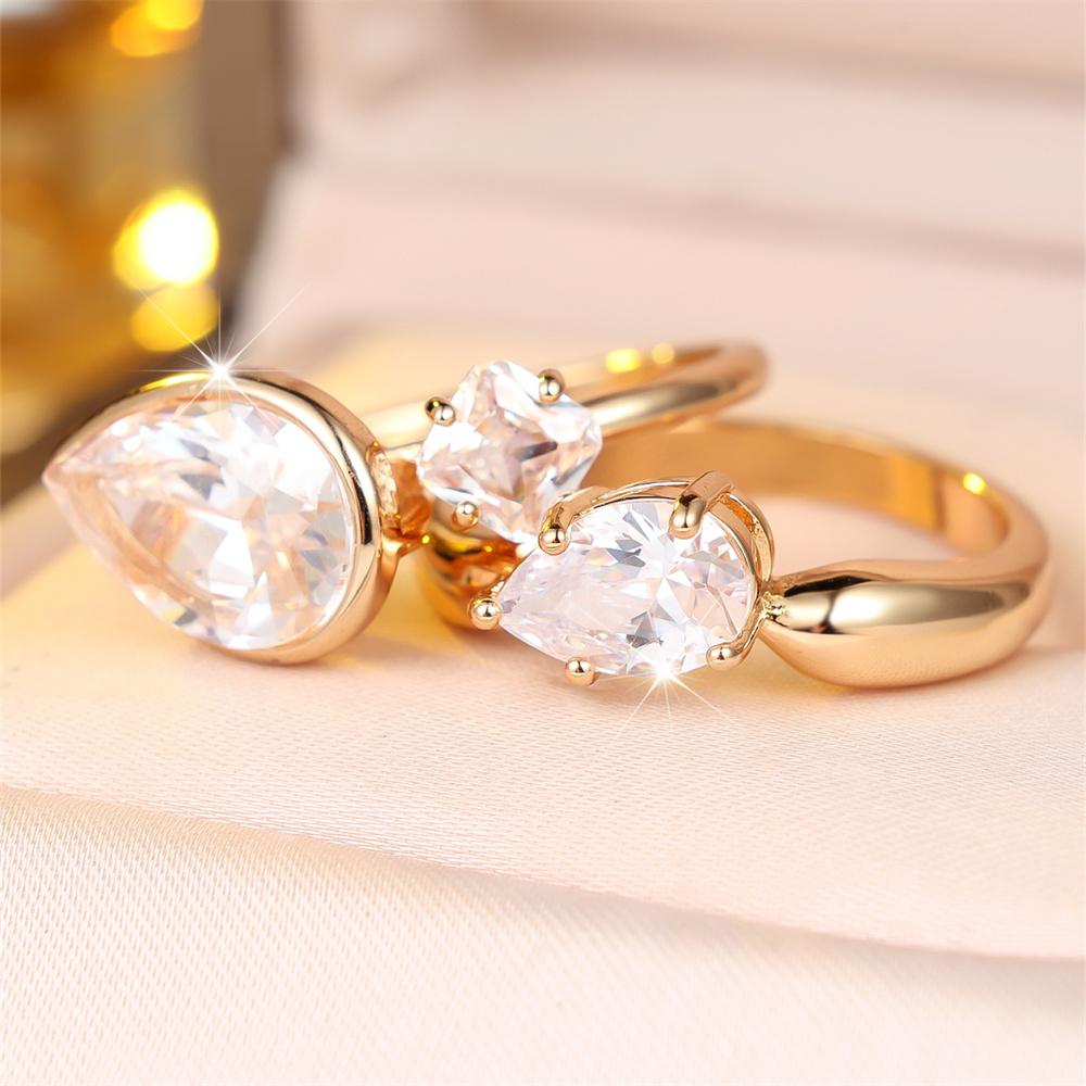 S/set White Zircon Water Drop Stone Ring Sets For Women Vintage Gold Color Engagement Bands Wedding Jewelry Accessories