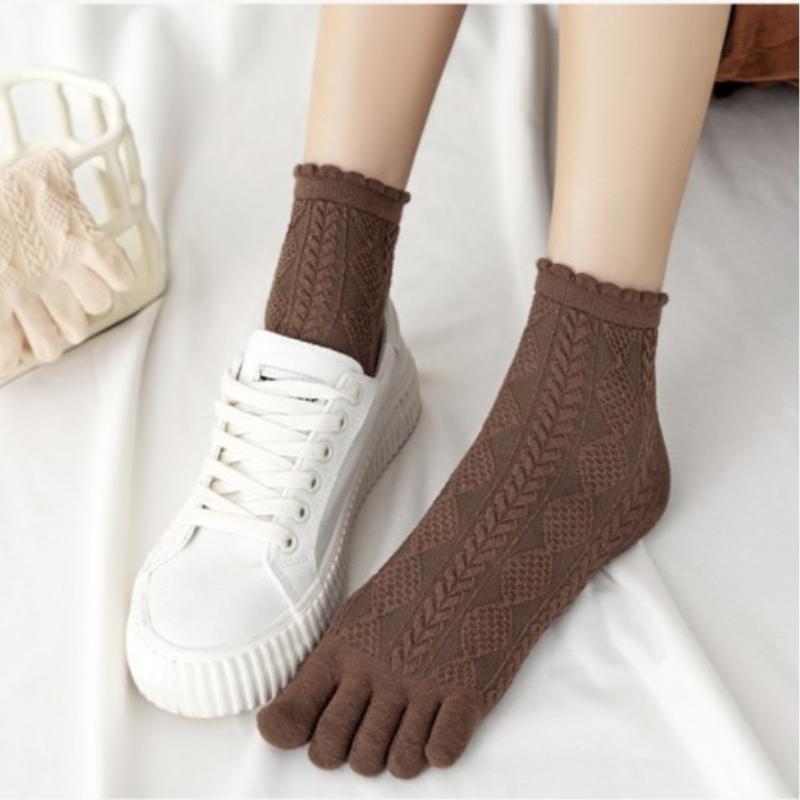 6 Pairs Women Spring and Autumn Pure Cotton Five Finger Socks Retro Solid Color Lace Striped Split Toe Socks Vintage Comfortable Socks