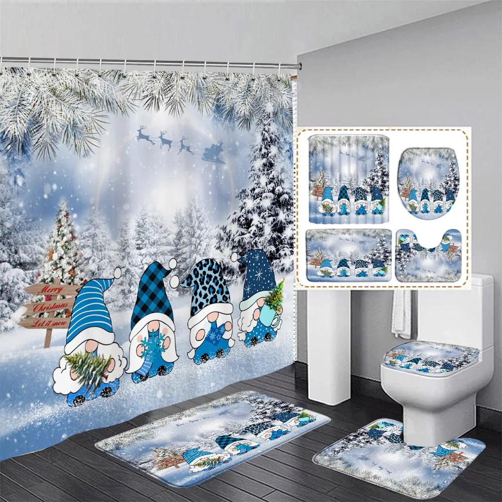 Winter Weihnachten Duschvorhang Set Niedlicher Blauer Schneemann Xmas Geschenk Wald Zeder Schnee Neujahr Badezimmer Deko Duschvorleger Toilettenbezug