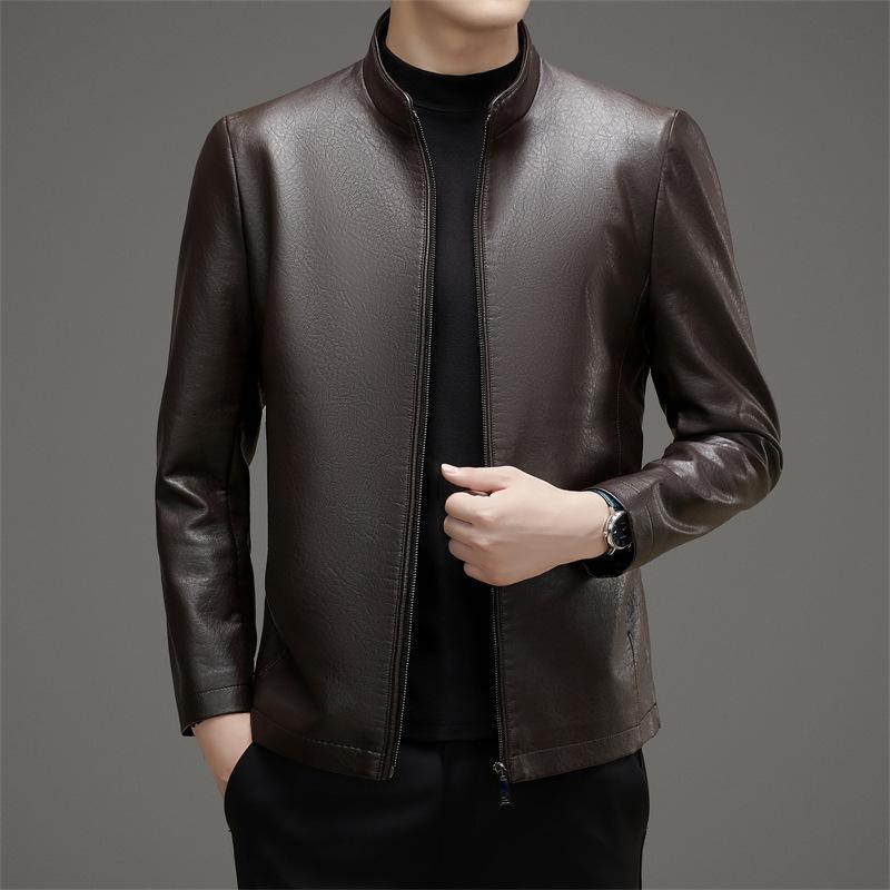 Men's Velvet Leather Jacket Spring and Autumn Casual Stand-up Collar Sheepskin Middle-aged Jacket Leather Coat