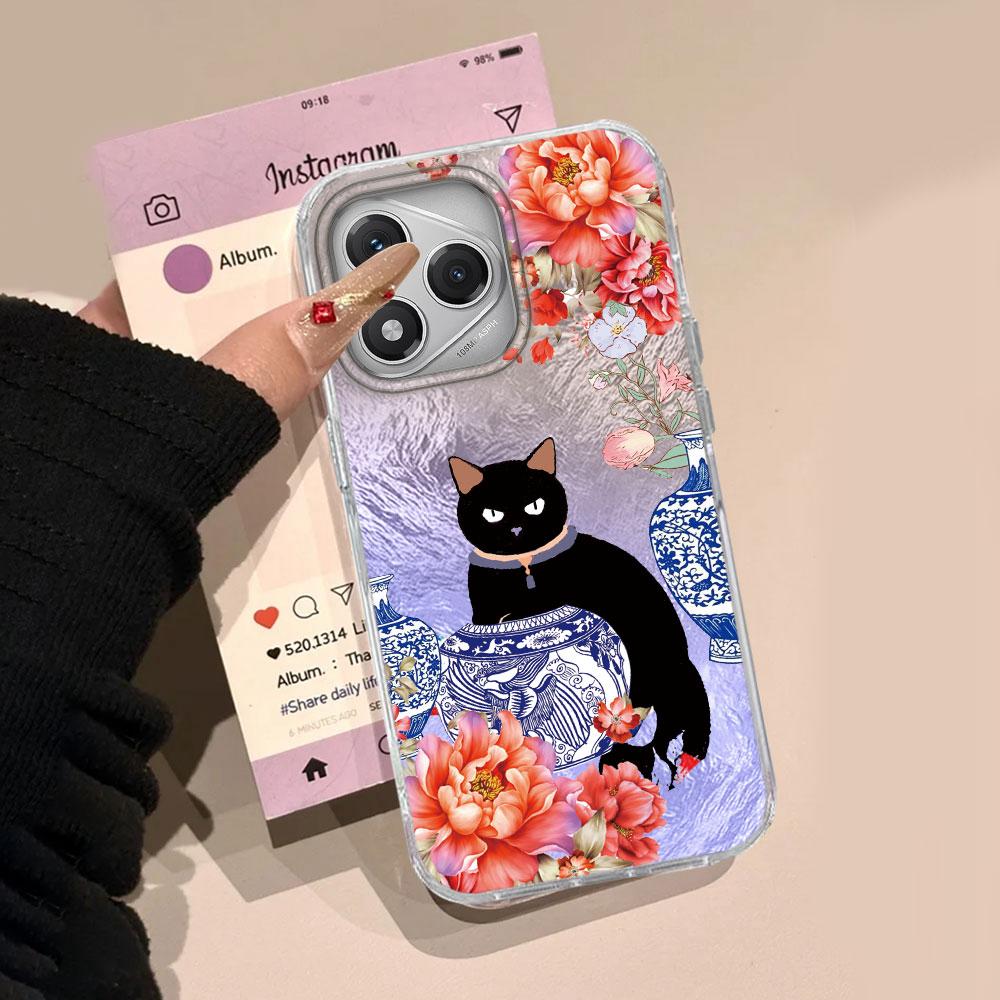 Luxury Black Cat Flower Glacier Texture Phone Case for Honor 400 200 Pro Magic7 6 5 Lite X9a X9c X8b X8a X8c Silicone Back Cover