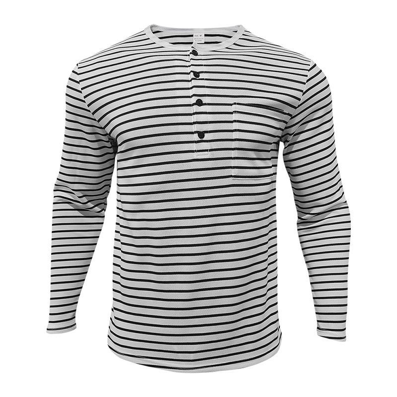 Herren gestreiftes Henley-Shirt Langarm Freizeit Knopfleiste V-Ausschnitt T-Shirt