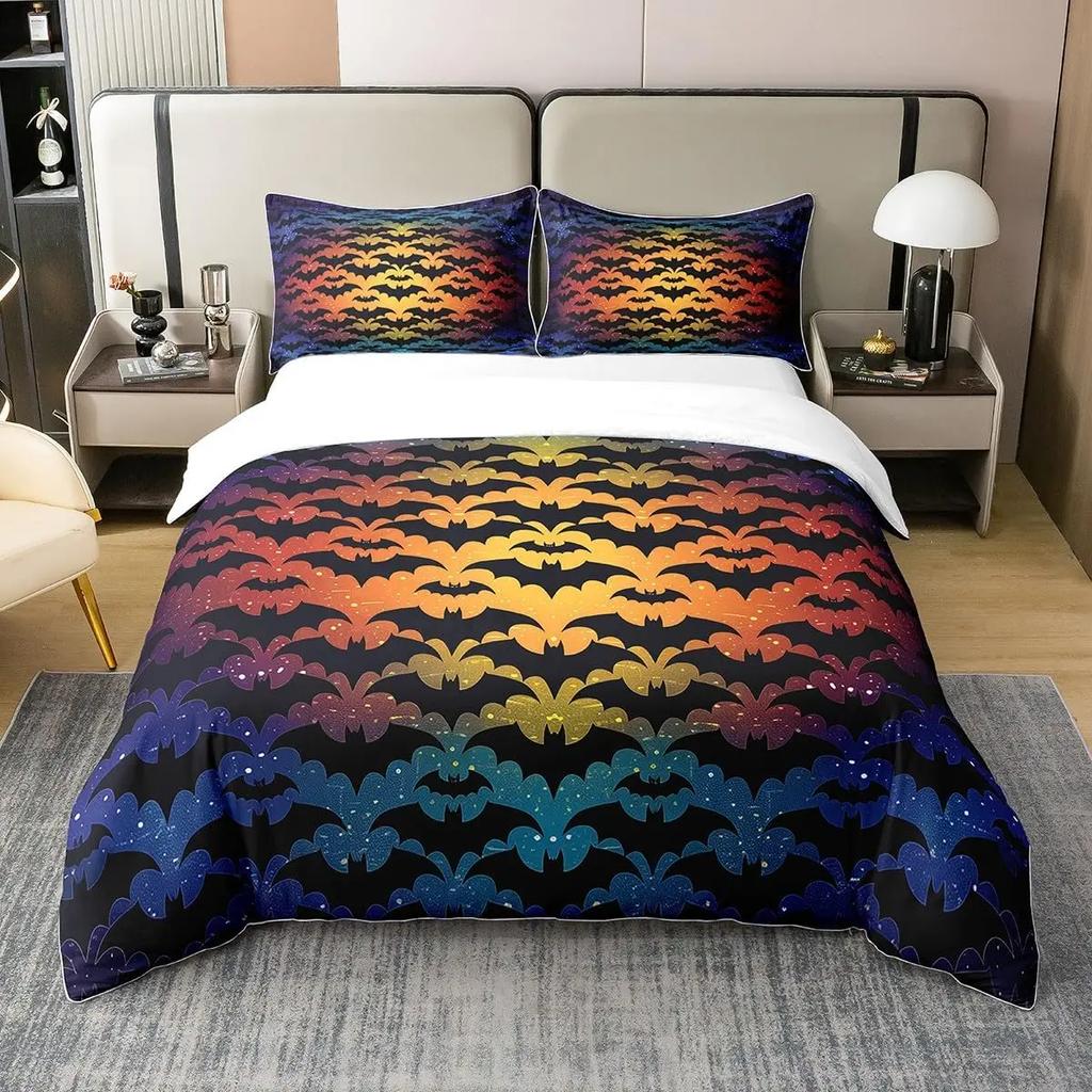 Fledermausdruck Bettbezug Twin Queen Halloween Bettwäsche-Set für Jungen Mädchen Kinder Regenbogen Bettdeckenbezug Farbverlauf Stil Raumdeko