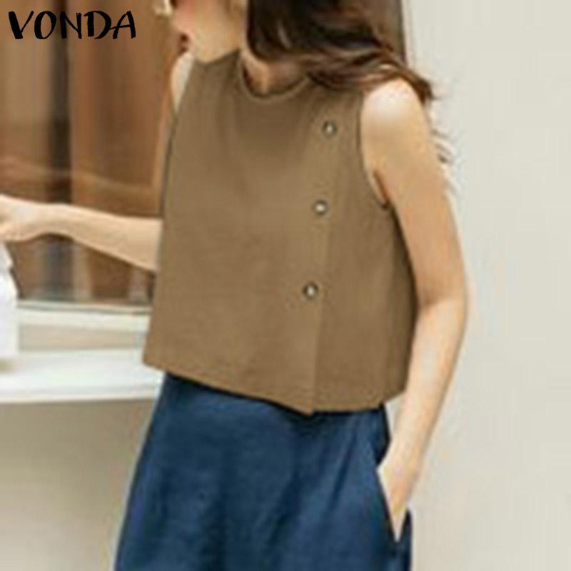 VONDA Women's Summer Round Neck Sleeveless Button Solid Color Casual Tank