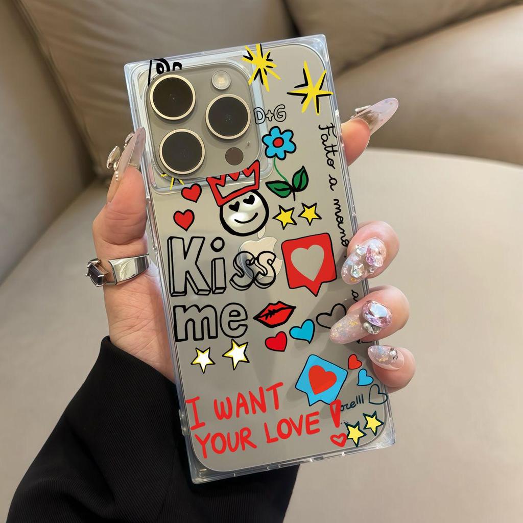 Clear Square Back Tube Case Protection For iPhone 15 Plus 12 13 16 ProMax 14 Pro Max 11 Anti-Oxygen,Love Heart English Pattern Casing
