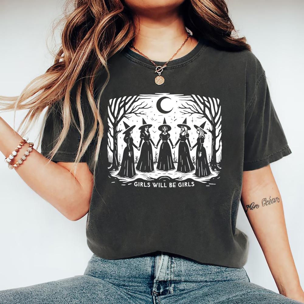 Vintage Girls Will Be Girls Witch T-Shirt Funny Witch T Shirt Halloween Women T-shirts Short Sleeve Witchy Vibes Tshirt