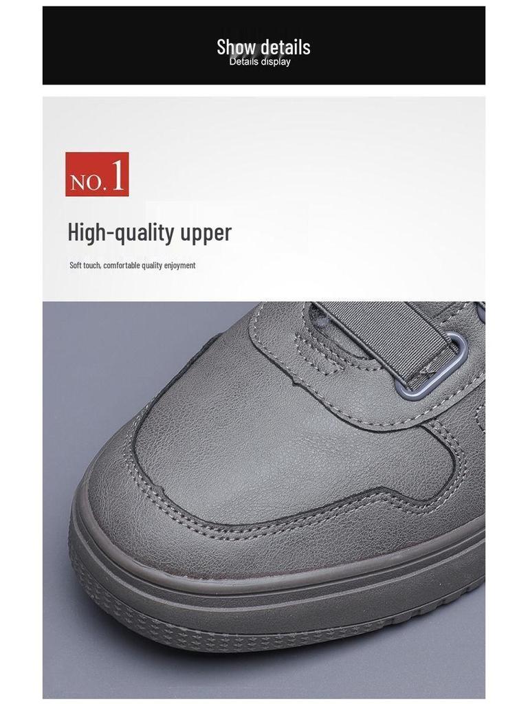Men's Fleece-Lined Winter Slip-On Casual Leather Shoes - Korean Style, Non-Slip, Warm, Mid-Top Trendy Sneakers