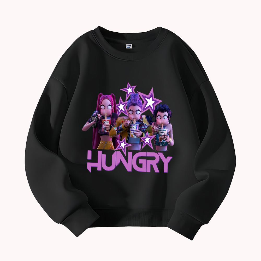 Hungry Graphic Sweatshirt Women's Casual Round Neck Pullover with Anime Girl Print Star Design Fashion Streetwear Top