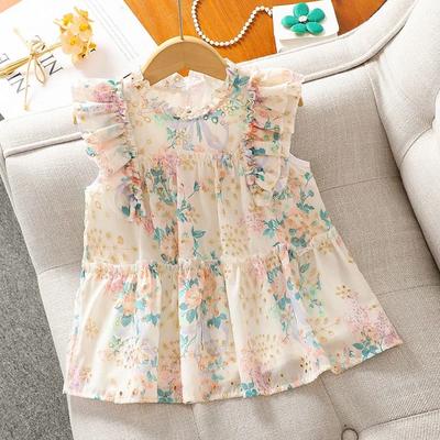 T-shirt d'été pour filles, doux et floral, fin, à col rond, pull